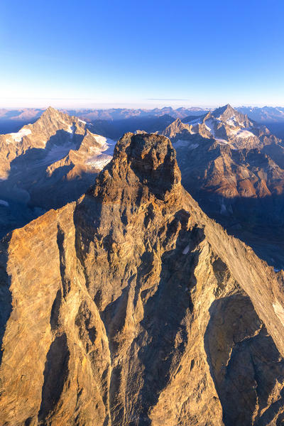 Aerial view of Matterhorn at sunrise. Zermatt, Canton of Valais, Switzerland, Europe