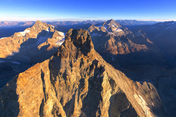 Aerial view of Matterhorn at sunrise. Zermatt, Canton of Valais, Switzerland, Europe