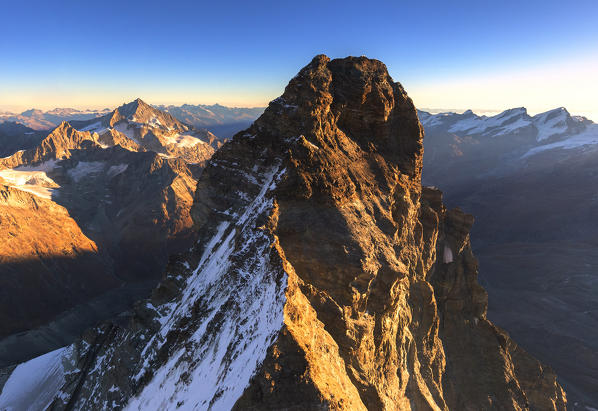 Aerial view of Matterhorn at sunrise. Zermatt, Canton of Valais, Switzerland, Europe