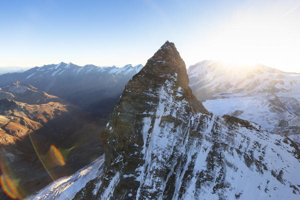 Aerial view of Matterhorn at sunrise. Zermatt, Canton of Valais, Switzerland, Europe