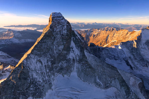 Aerial view of Matterhorn at sunrise. Zermatt, Canton of Valais, Switzerland, Europe