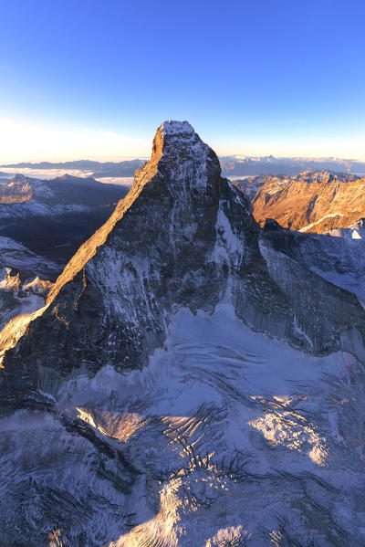 Aerial view of Matterhorn at sunrise. Zermatt, Canton of Valais, Switzerland, Europe