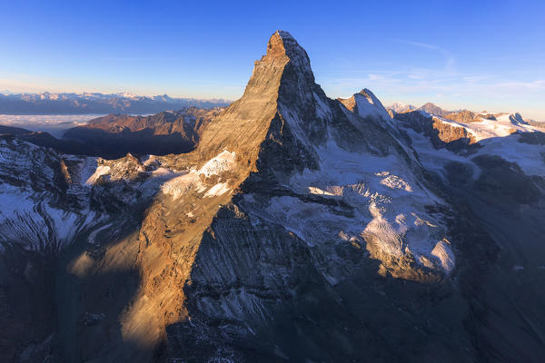 Aerial view of Matterhorn at sunrise. Zermatt, Canton of Valais, Switzerland, Europe