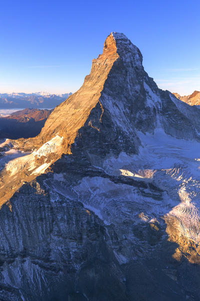 Aerial view of Matterhorn at sunrise. Zermatt, Canton of Valais, Switzerland, Europe