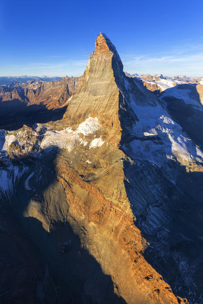 Aerial view of Matterhorn at sunrise. Zermatt, Canton of Valais, Switzerland, Europe