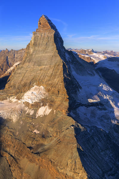 Aerial view of Matterhorn at sunrise. Zermatt, Canton of Valais, Switzerland, Europe