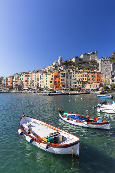 Boats moored in the marina of Porto Venere, Cinque Terre, Liguria, Italy, Europe.