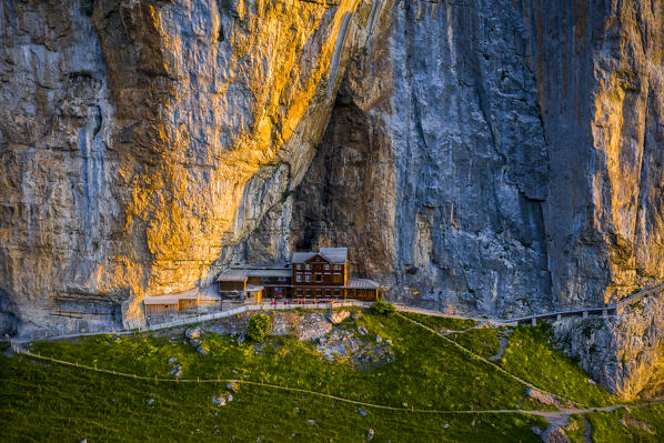 Aerial view of Berggasthaus Aescher at sunrise, Canton of Appenzell, Alpstein, Switzerland, Europe