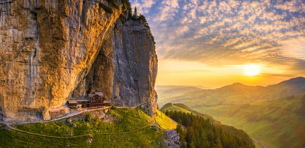 Aerial view of Berggasthaus Aescher at sunrise, Canton of Appenzell, Alpstein, Switzerland, Europe