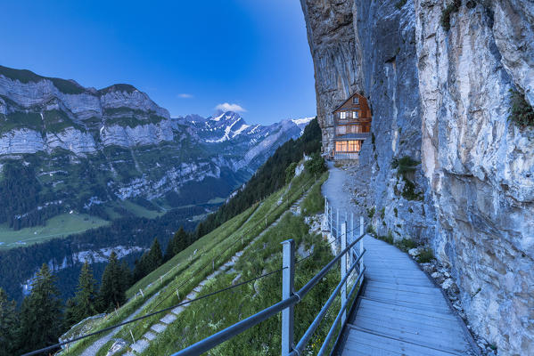 Twilight at Berggasthaus Aescher, Canton of Appenzell, Alpstein, Switzerland, Europe