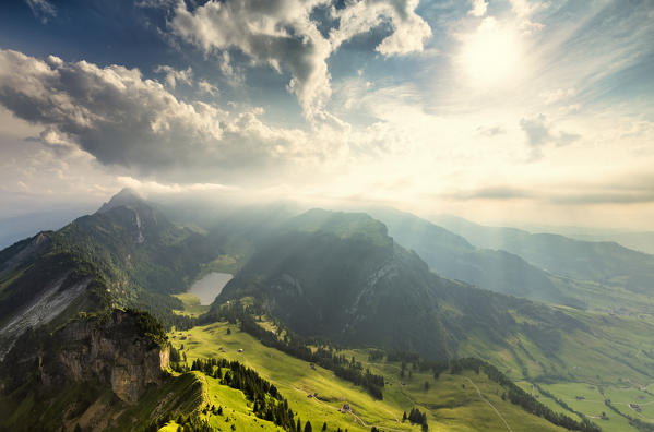 Misty landscape from Hoher Kasten, Canton of Appenzell, Alpstein, Switzerland, Europe