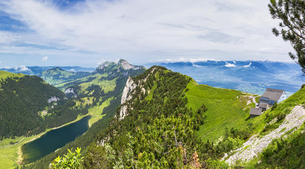 Panoramic view of the wide landscape from Staubern refuge with Samtisersee, Canton of Appenzell, Alpstein, Switzerland, Europe