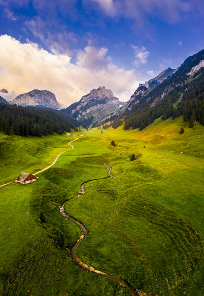 Aerial view of winding torrent. Canton of Appenzell, Alpstein, Switzerland, Europe
