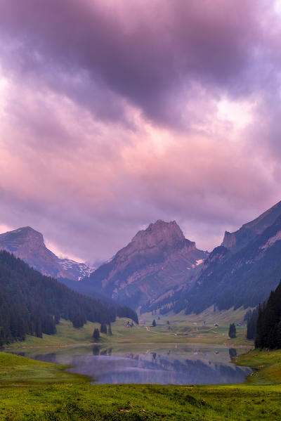 Colourful sunrise at Samtisersee, Canton of Appenzell, Alpstein, Switzerland, Europe