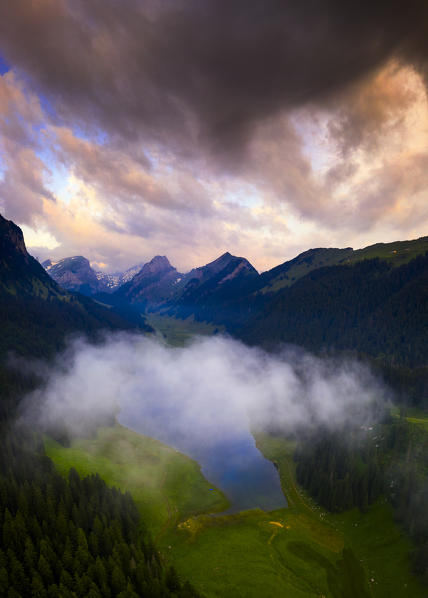 Aerial view of Samtisersee during foggy sunrise, Canton of Appenzell, Alpstein, Switzerland, Europe