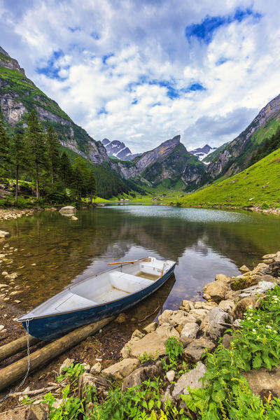 Moored boat at Seealpsee, Canton of Appenzell, Alpstein, Switzerland, Europe