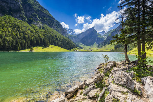 Sunny day at Seealpsee, Canton of Appenzell, Alpstein, Switzerland, Europe