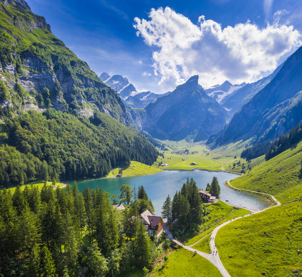 Aerial view of Seealpsee, Canton of Appenzell, Alpstein, Switzerland, Europe