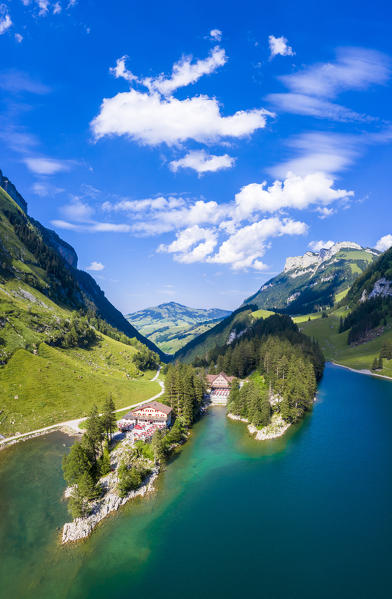Aerial view of refuges and restaurants on the shore of Seealpsee, Canton of Appenzell, Alpstein, Switzerland, Europe