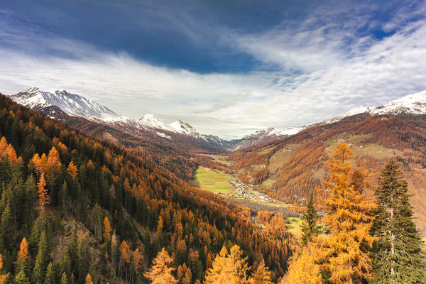 Elevated view of Val Mustair in autumn. Val Mustair, Canton Grisons, Switzerland.