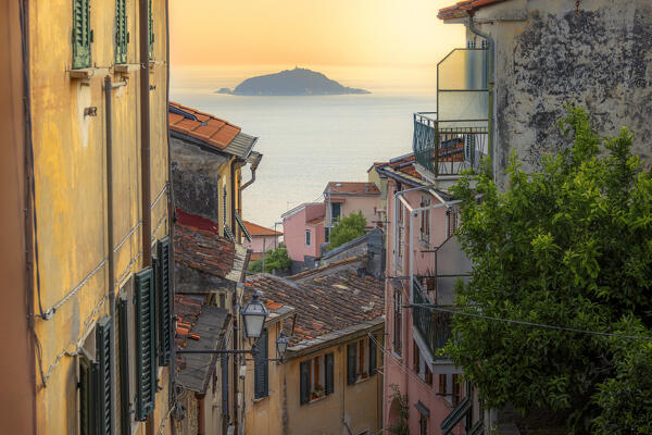 Tino Island at sunset from La Serra , Lerici, Gulf of La Spezia, La Spezia province, Liguria, Italy, Europe