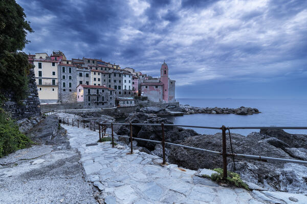 Village of Tellaro during twilight, Lerici, Gulf of La Spezia, La Spezia province, Liguria, Italy, Europe