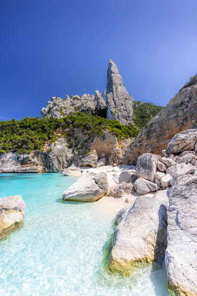 Monte Caroddi(Aguglia di Goloritzè) from the Beach of Cala Goloritzè ,  Baunei, Ogliastra province, Sardinia, Italy, Europe