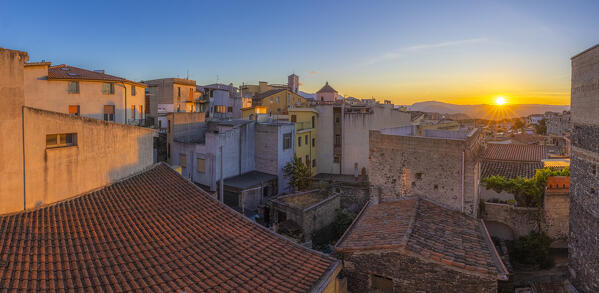 Panoramic view of old town of Dorgali at sunset, Nuoro province, Sardinia, Italy, Europe