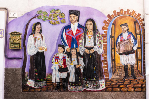 Murales in the street of old town of Oliena, Barbagia, Ogliastra province, Sardinia, Italy, Europe