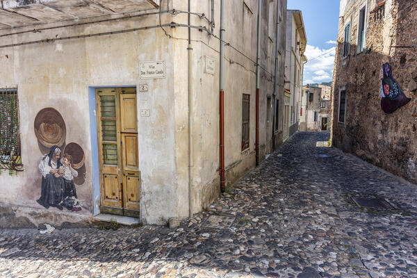 Murales in the street of old town of Oliena, Barbagia, Ogliastra province, Sardinia, Italy, Europe