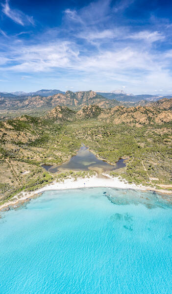 Aerial view of Oasi Bidderosa beach, Siniscola, Nuoro province, Sardinia, Italy