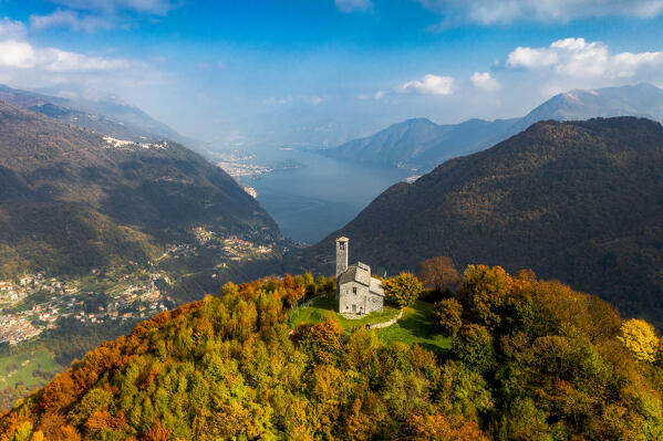 Aerial view of Hermitage of San Zeno(Eremo di San Zeno) in autumn with view on the Como lake. Intelvi valley, Lombardy, Italy, Europe.
