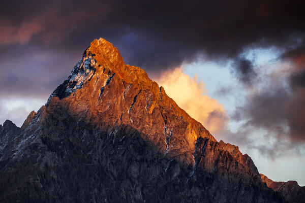 Pizzo di Prata illuminates by sunset light, Valchiavenna, Valtellina, Lombardy, Italy, Europe.