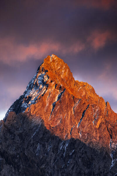 Pizzo di Prata illuminates by sunset light, Valchiavenna, Valtellina, Lombardy, Italy, Europe.