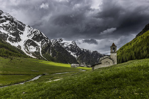 Church of San Bernardo in the passture of Stelvio National Park, Val di Rezzalo, Valtellina, Lombardy, Italy, Europe.