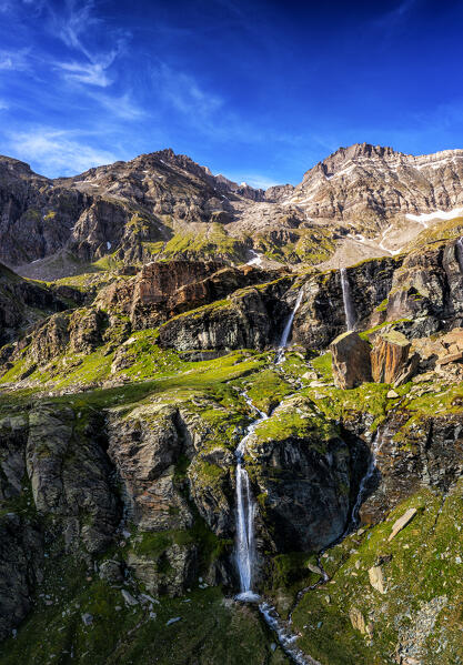 Aerial view of Alpe Fora waterfalls, Valmalenco, Lombardy, Italy, Europe.
