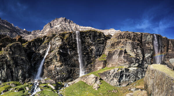 Aerial view of Alpe Fora waterfalls, Valmalenco, Lombardy, Italy, Europe.