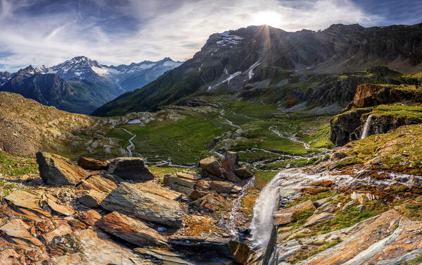 Aerial view of Alpe Fora waterfalls, Valmalenco, Lombardy, Italy, Europe.