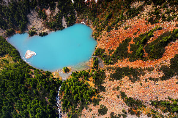 Aerial view of Lagazzuolo lake, Valmalenco, Valtellina, Lombardy, Italy, Europe.
