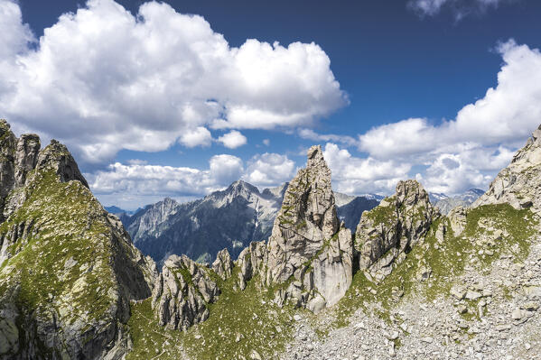 Aerial view of Punta Milano pinnacle, Valmasino, Valtellina, Lombardy, Italy, Europe.