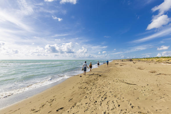 Tourists walk on the beach of Marina di Alberese. Marina di Alberese beach, Alberese, Maremma park(Parco della Maremma), Grosseto, Grosseto province, Tuscany, Italy, Europe
