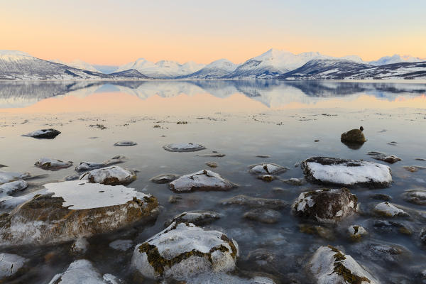 Cloudless sunrise with ice covering the stones on the shore of Balsfjorden. Markenes, Balsfjorden, Lyngen Alps, Troms, Norway, Lapland, Europe.