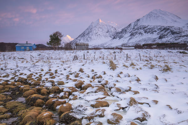 Sunrise over Piggtinden and Storvastinden from colorful houses of Storsteinnes. Storsteinnes, Balsfjorden, Lyngen Alps, Troms, Norway, Lapland, Europe.