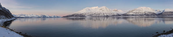 Panoramic view of Kafjorden. Kafjorden, Lyngen Alps, Troms, Norway, Lapland, Europe.