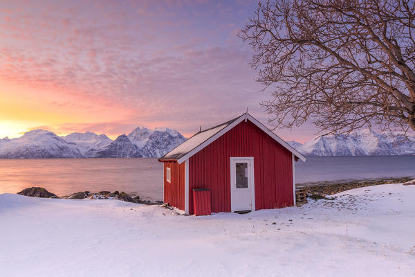Traditional Norwegian house during a sunset on the fjord. Nordmannvik, Kafjord, Lyngen Alps, Troms, Norway, Lapland, Europe.