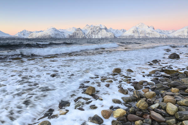 The waves breaking on a beach overlooking the Lyngen Alps during sunrise. Hammarvika, Lyngenfjord, Lyngen Alps, Troms, Norway, Lapland, Europe.