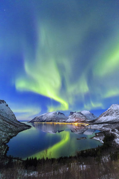 Northern lights in the night sky from panoramic point over Bergsfjorden. Bergsfjorden, Senja, Norway, Europe.
