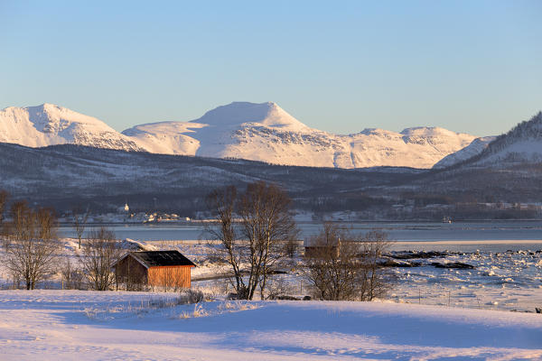 Winter panorama around Gibostad. Gibostad, Gisundet, Senja, Norway, Europe.