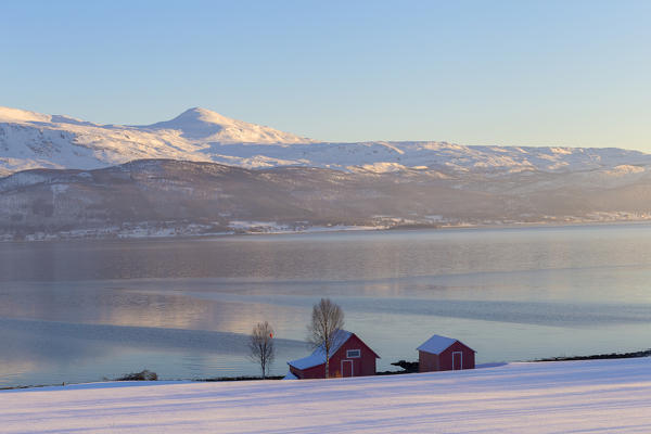 Winter panorama around Gibostad. Gibostad, Gisundet, Senja, Norway, Europe.