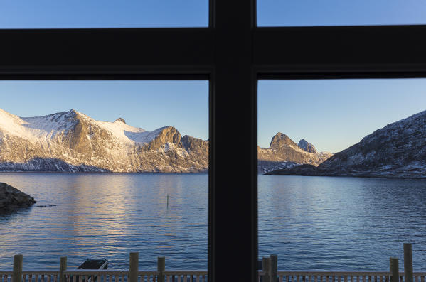 View of Mefjorden from a house overlooking the fjord. Mefjordvaer, Mefjorden, Senja, Norway, Europe.